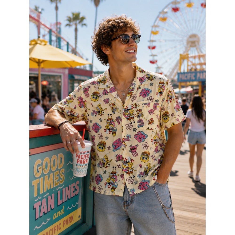 SpongeBob SquarePants All Over Print Button Up Camp Shirt XXL Cartoon Rayon NWT